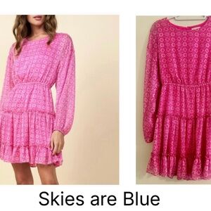 Skies Are Blue Hot Pink Floral Tiered Long Sleeve Dress